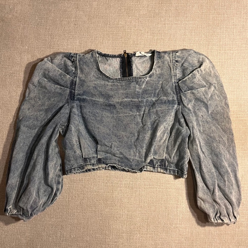 Denim Puff Sleeve Square Neck Top‎ Cropped Size L